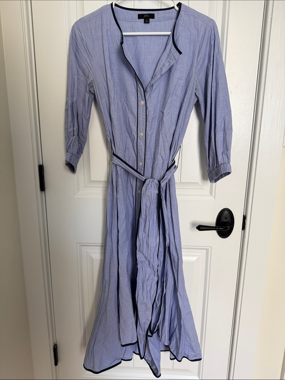 J. Crew Light Blue Long-Sleeve Shirt Dress with Navy Trim